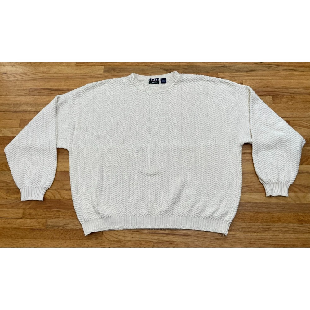 VTG Trader Bay Men's Sweater 2XL Cotton Cream Chevron Knit Hand Framed‎ USA